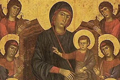 六位天神拱衛著寶座上的聖母與聖嬰