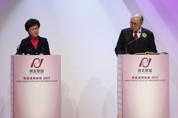 【特首選戰】與胡官首同場辯論 林鄭:「我是女人」 與梁特分別大