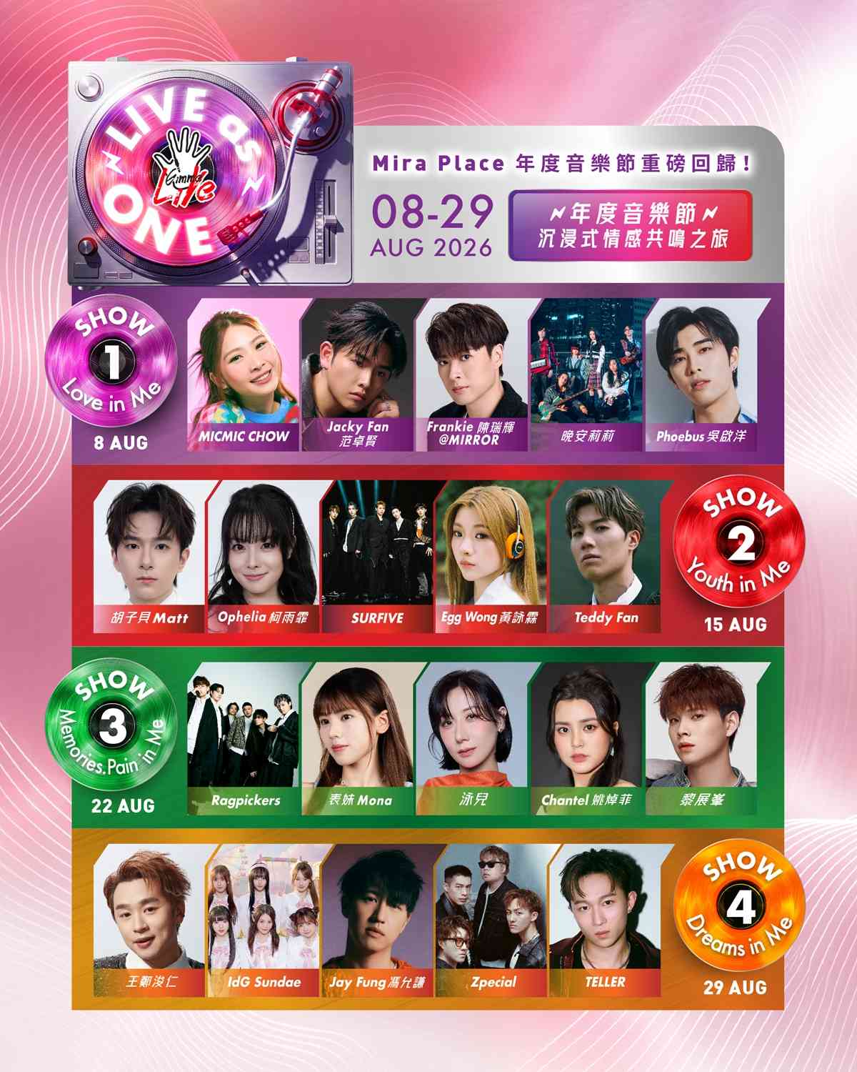 Mira Place音樂節8月8日起連續4個星期六舉行：Jay Fung、Frankie@MIRROR、Phoebus吳啟洋、晚安莉莉等20位人氣歌手／組合輪流登場 -- 玩樂