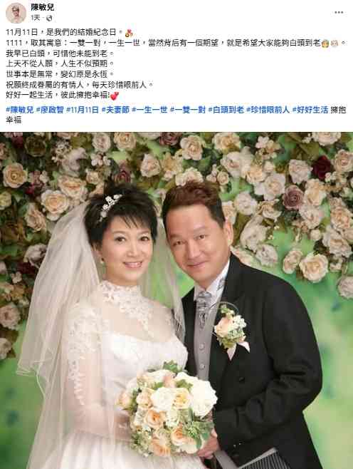 廖啟智逝世4年，陳敏兒發帖文：我早已白頭，可惜他未能到老