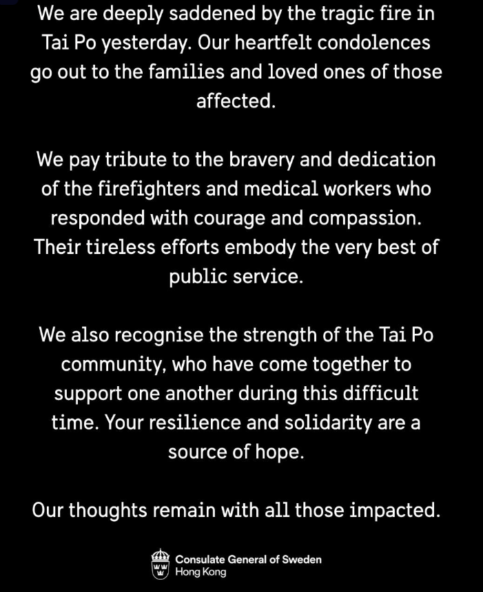大埔火災｜駐港多國領事館發文哀悼，國際社會關注香港重大悲劇