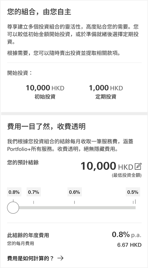 滙豐 Portfolio+ 數碼全權委託投資服務介面,展示港幣 10,000 元初始投資門檻、1,000 元定期投資選項及 0.8% 至 0.5% 分級平台費計算器 滙豐 Portfolio+ 數碼全權委託投資服務介面,展示港幣 10,000 元初始投資門檻、1,000 元定期投資選項及 0.8% 至 0.5% 分級平台費計算器