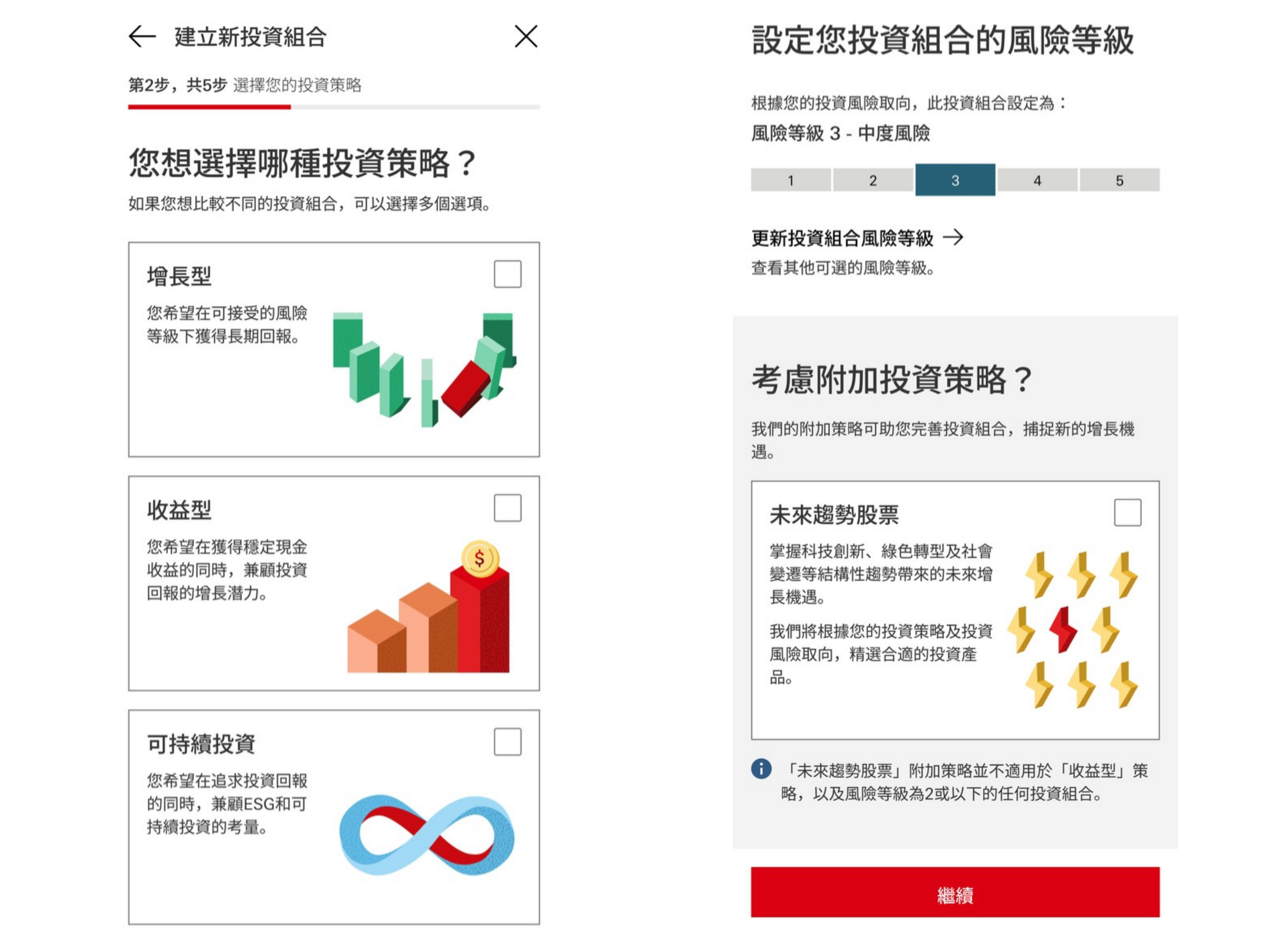 滙豐 Portfolio+ 投資策略選擇步驟介面,涵蓋增長型、收益型、可持續投資三大核心策略、1 至 5 級風險等級設定及未來趨勢股票附加選項 滙豐 Portfolio+ 投資策略選擇步驟介面,涵蓋增長型、收益型、可持續投資三大核心策略、1 至 5 級風險等級設定及未來趨勢股票附加選項