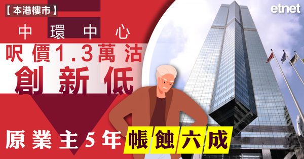樓市 | 中環中心呎價1.3萬沽創新低，原業主5年帳蝕六成