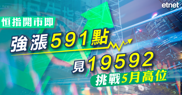 恒指 | 恒指開市即強漲591點，見19592挑戰5月高位