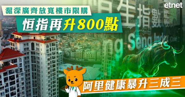 恒指 | 滬深廣齊放寬樓市限購，恒指再升800點，阿里健康暴升三成三