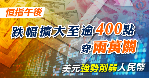 恒指午後跌幅擴大至逾400點穿兩萬關，美元強勢削弱人民幣（現恒指跌幅擴大至600點）