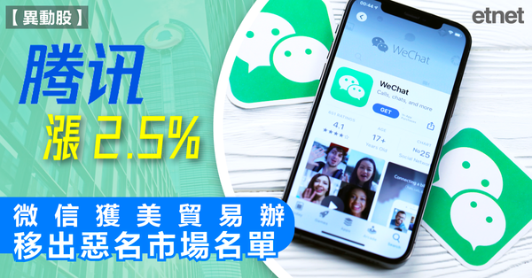 騰訊漲2.5%，微信獲美貿易辦移出惡名市場名單
