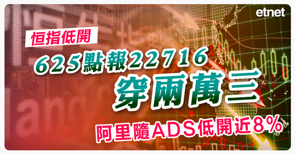 恒指 | 恒指低開625點報22716穿兩萬三，阿里隨ADS低開近8%