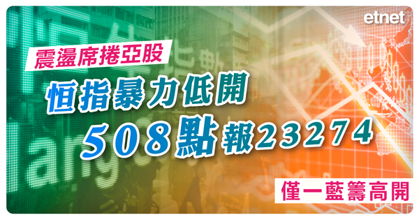 恒指 | 震盪席捲亞股，恒指暴力低開508點報23274，僅一藍籌高開