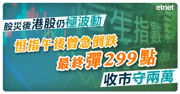 股災後港股仍極波動，恒指午後曾急倒跌最終彈299點收市守兩萬