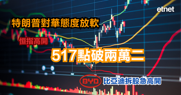 特朗普對華態度放軟恒指高開517點破兩萬二，比亞迪拆股急高開