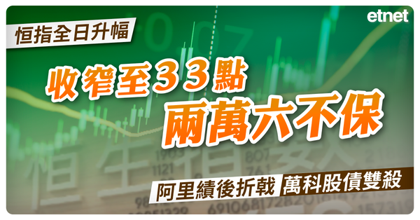 恒指全日升幅收窄至33點兩萬六不保，阿里績後折戟萬科股債雙殺
