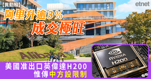 異動股 | 阿里升逾3%成交極旺，美國准出口英偉達H200惟傳中方設限制