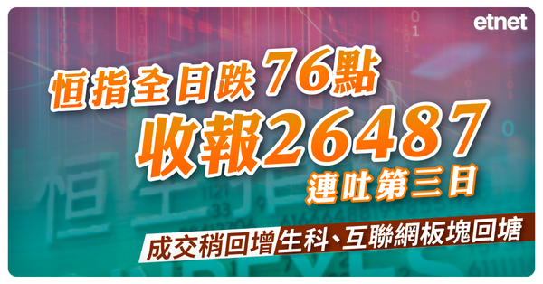 恒指全日跌76點收報26487連吐第四日，成交稍回增，生科、互聯網板塊回塘