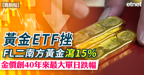 異動股 | 黃金ETF挫FL二南方黃金瀉15%，金價創40年來最大單日跌幅