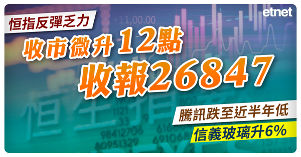 恒指反彈乏力收市微升12點，騰訊跌至近半年低，信義玻璃升6%