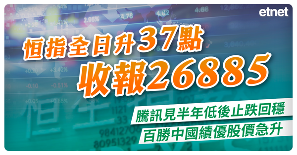 恒指全日升37點收報26885，騰訊見半年低後止跌回穩，百勝中國績優股價急升