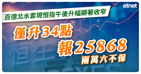 百億北水套現恒指午後升幅顯著收窄，僅升34點報25868兩萬六不保