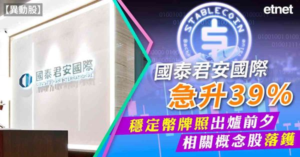 異動股 | 國泰君安國際急升39%，穩定幣牌照出爐前夕相關概念股落鑊