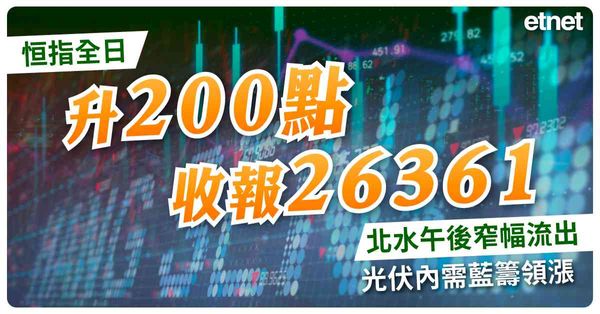 恒指全日升200點收報26361，北水午後窄幅流出，光伏內需藍籌領漲