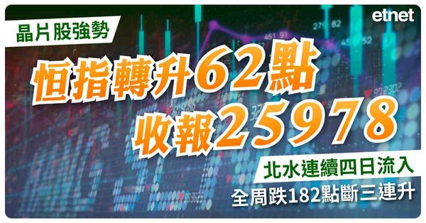 晶片股強勢恒指轉升62點收報25978，北水連續四日流入，全周跌182點斷三連升
