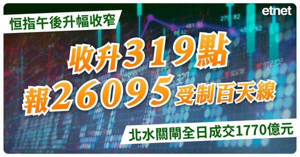 恒指午後升幅收窄，收升319點報26095受制百天線，北水關閘全日成交1770億元