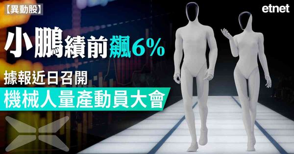異動股 | 小鵬績前飆6%，據報近日召開機械人量產動員大會