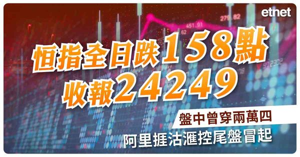 恒指全日跌158點收報24249盤中曾穿兩萬四，阿里捱沽滙控尾盤冒起