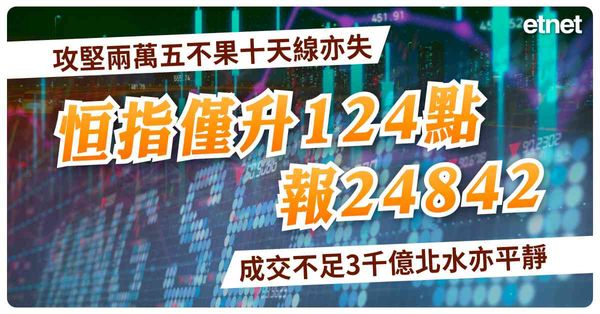 攻堅兩萬五不果十天線亦失，恒指僅升124點報24842，成交不足3千億北水亦平靜