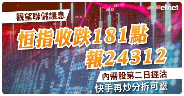 觀望聯儲議息恒指收跌181點報24312，內需股第二日捱沽，快手再炒分拆可靈