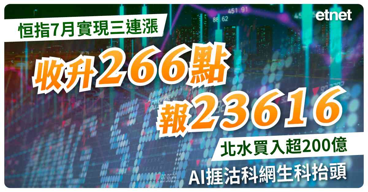 恒指7月實現三連漲收升266點報23616，北水買入超200億，AI捱沽科網生科抬頭