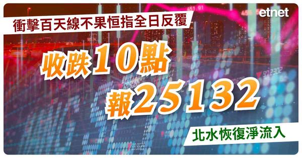 衝擊百天線不果恒指全日反覆，收跌10點報25132，北水恢復淨流入