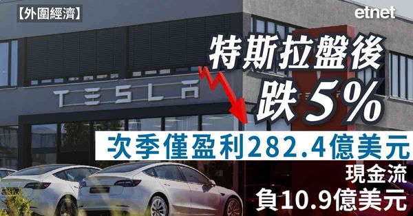 外圍經濟 | 特斯拉盤後跌5%，次季僅盈利282.4億美元，現金流負10.9億美元