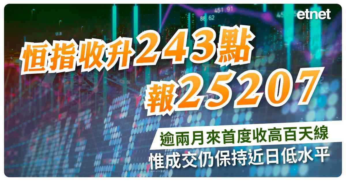 恒指收升243點報25207，逾兩月來首度收高百天線，惟成交仍保持近日低水平