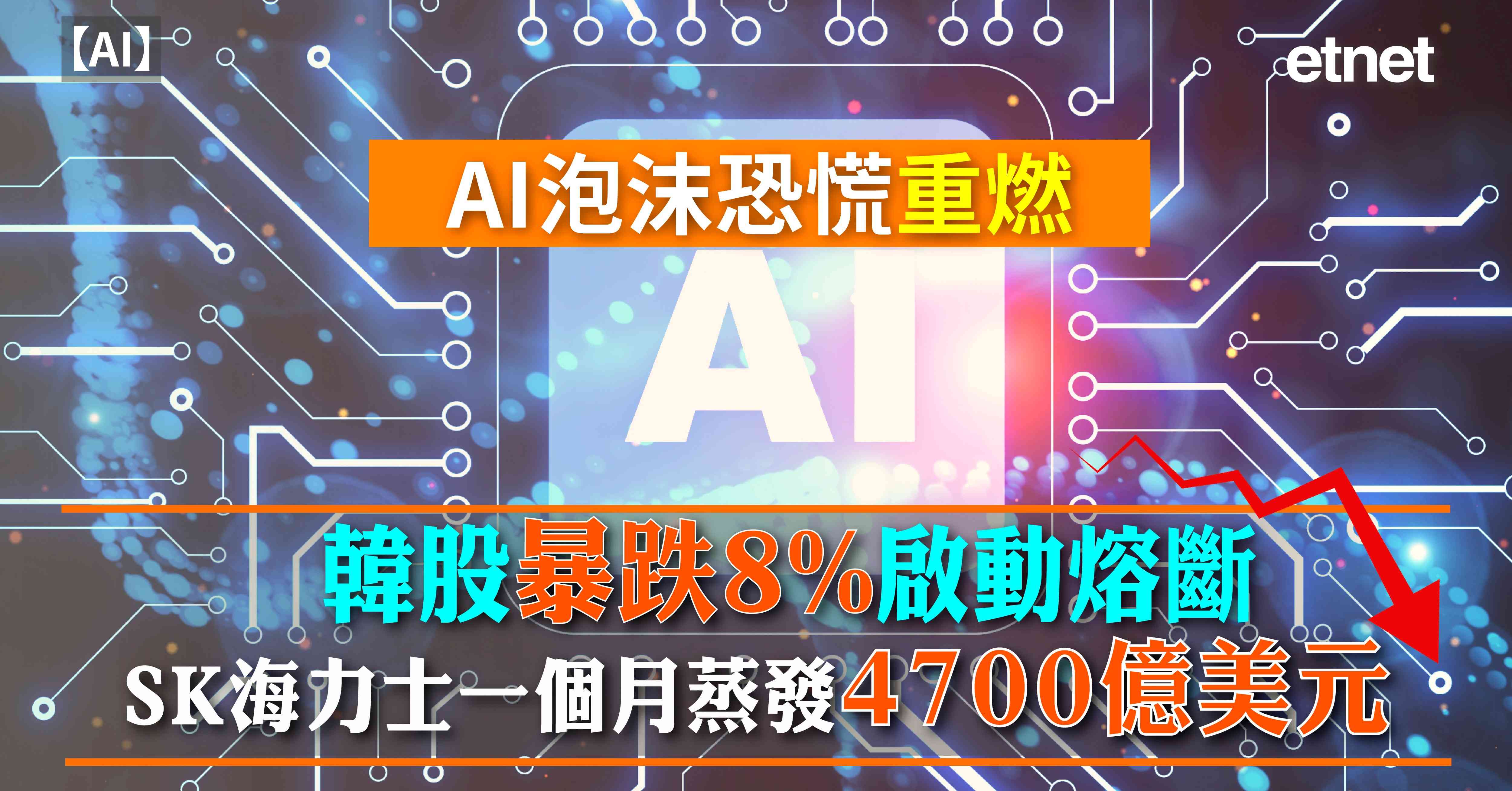 AI｜AI泡沫恐慌重燃，韓股暴跌8%啟動熔斷，SK海力士一個月蒸發4700億美元