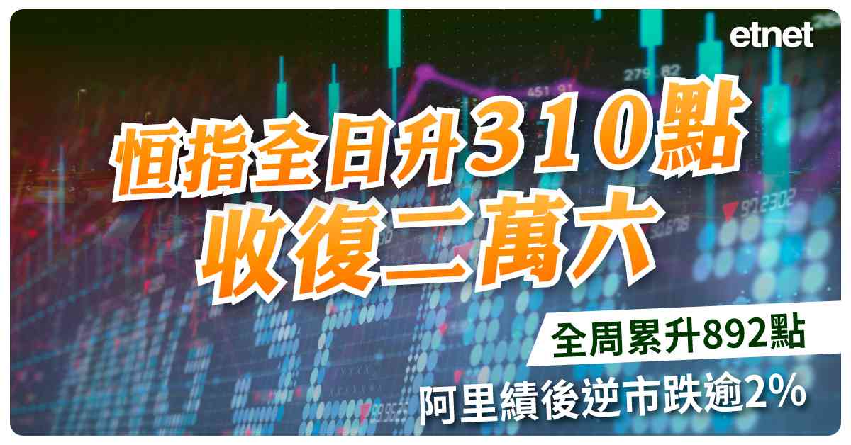 恒指全日升310點收復二萬六，全周累升892點，阿里績後逆市跌逾2%