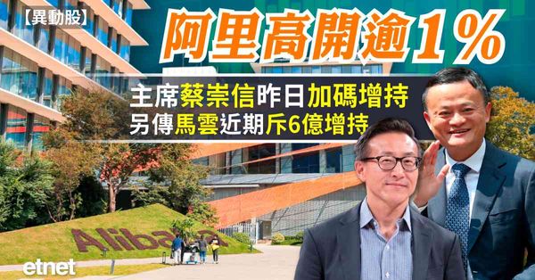 異動股 | 阿里高開逾1%，主席蔡崇信昨日加碼增持，另傳馬雲...