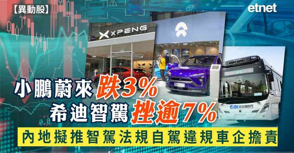 異動股 | 小鵬蔚來跌3%，內地擬推智駕法規自駕違規車企擔責