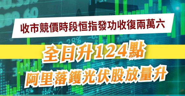 收市競價時段恒指發功收復兩萬六，全日升124點，阿里落鑊光伏股放量升