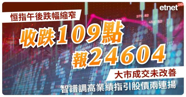恒指午後跌幅縮窄收跌109點報24604，大市成交未改善，智譜調高業績指引股價兩連揚