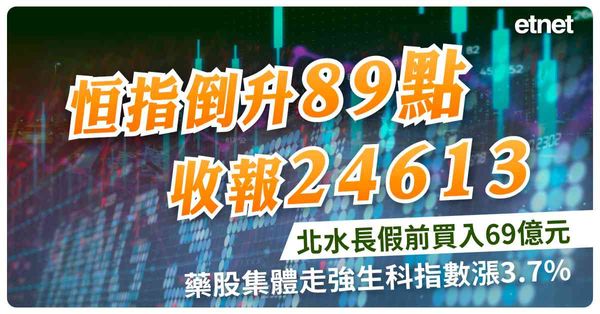 恒指倒升89點收報24613，北水長假前買入69億元，藥股集體走強生科指數漲3.7%