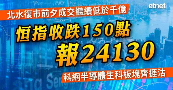 北水復市前夕成交繼續低於千億，恒指收跌150點報24130，科網半導體生科板塊齊捱沽