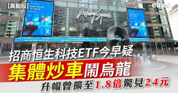 異動股 | 招商恒生科技ETF今早疑集體炒車鬧烏龍，升幅曾擴至1.8倍驚見24元