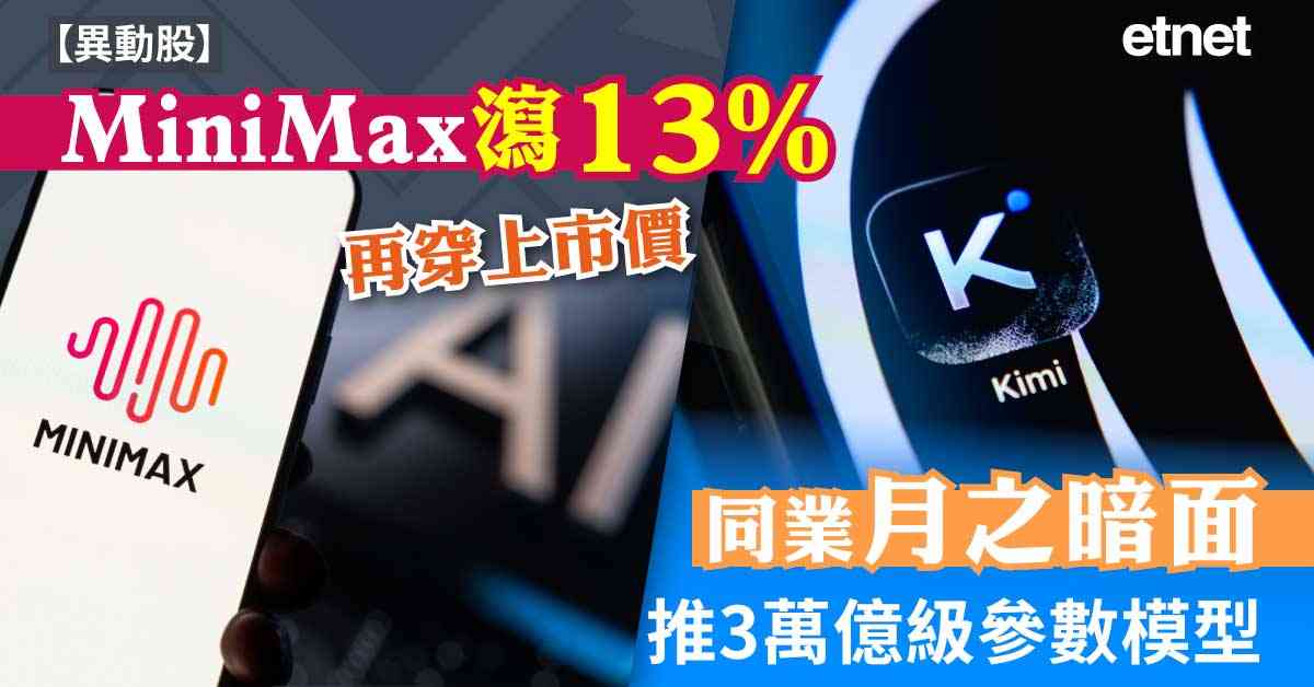 異動股 | MiniMax瀉13%再穿上市價,同業月之暗面推3萬億級參數模型 異動股 | MiniMax瀉13%再穿上市價,同業月之暗面推3萬億級參數模型
