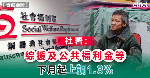 社署：綜援及公共福利金等下月起上調1.3%