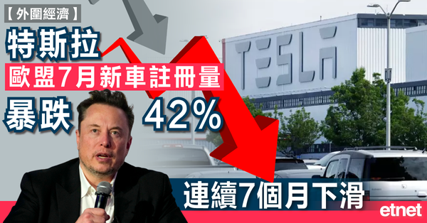 TESLA | 特斯拉歐盟7月新車註冊量暴跌42%，連續7個月下滑