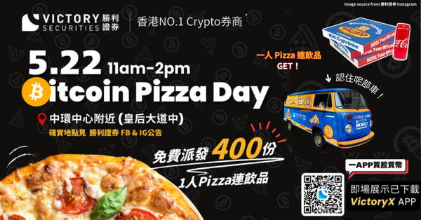 5月22日Bitcoin Pizza Day狂歡 勝利證券中環免費派發400份Pizza