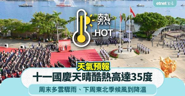 天氣預報︱十一國慶假期天晴酷熱達35度＋周三新界最熱37度＋周末多雲驟雨＋下周東北季候風到降溫