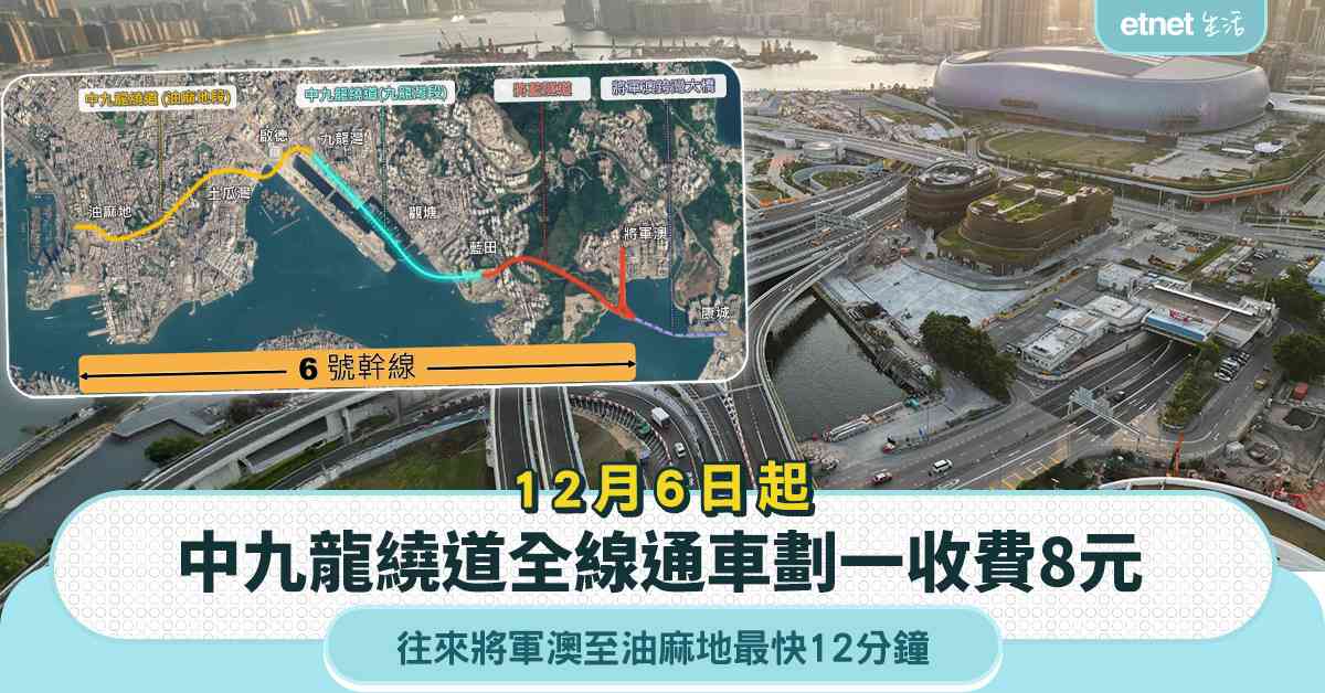 中九龍繞道12月6日起全線通車劃一收費8元，往來將軍澳至油麻...
